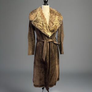 Vintage 70s Coat Penny Lane Suede Trench Wide Fur Collar Brown Belted S/M Saks